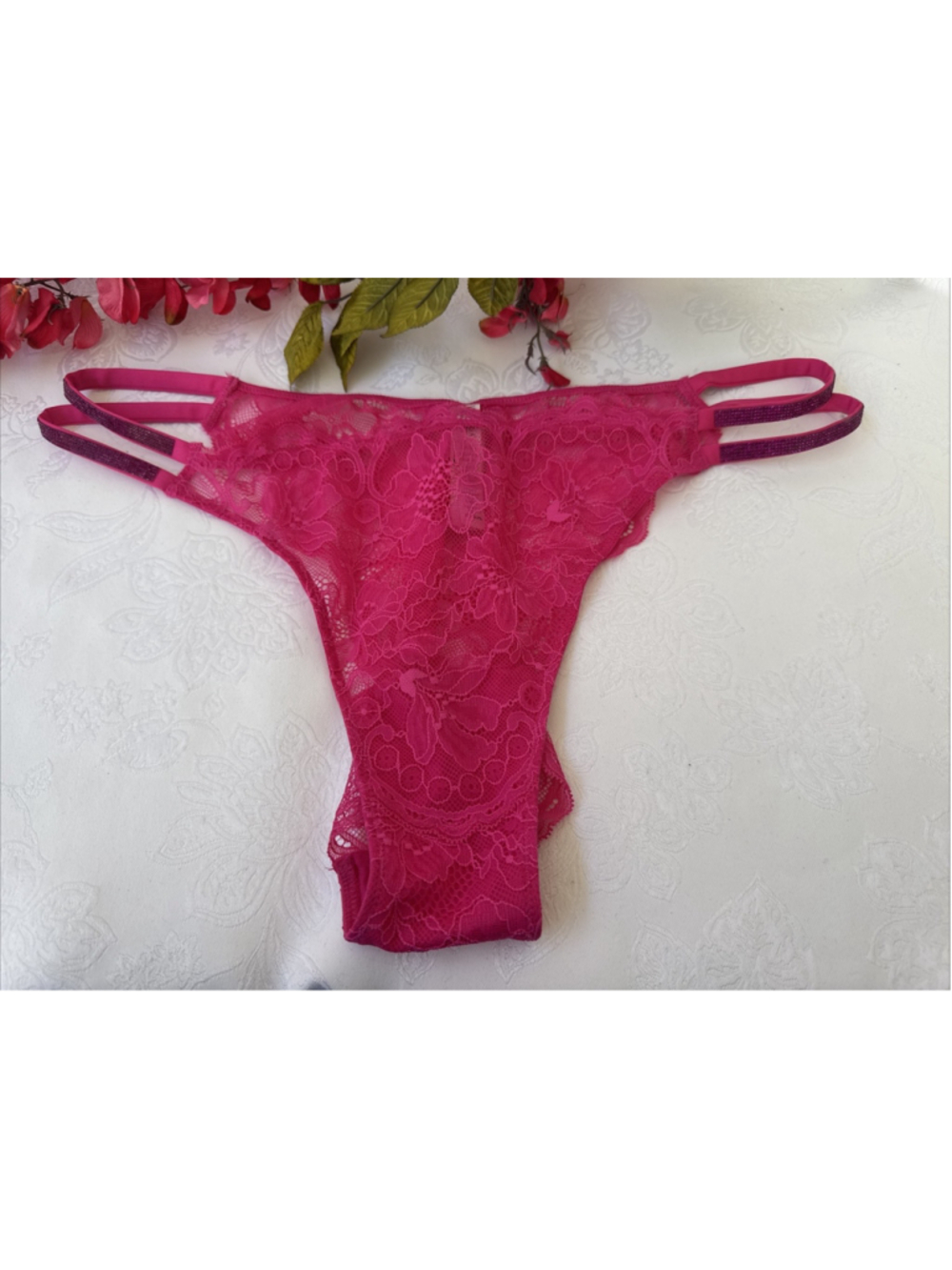 VICTORIA'S SECRET XL PINK LACE SHINE STRAP BRAZILIAN THONG VERY SEXY PANTIES NWT